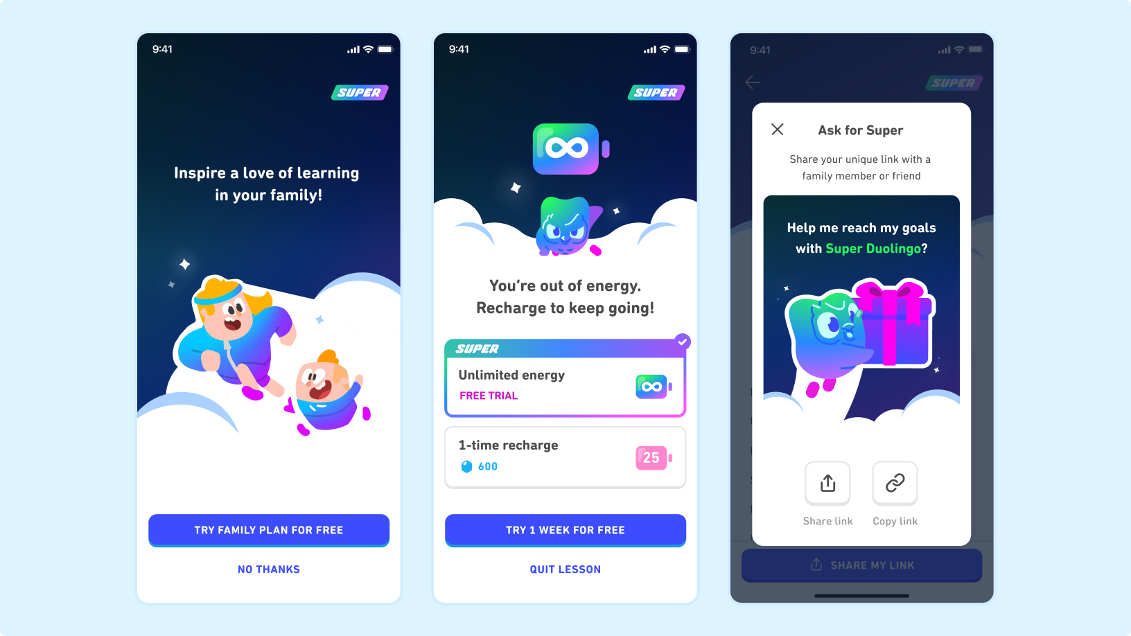 Three Duolingo screens offering a Super family plan, an energy recharge, and a shareable upgrade link.