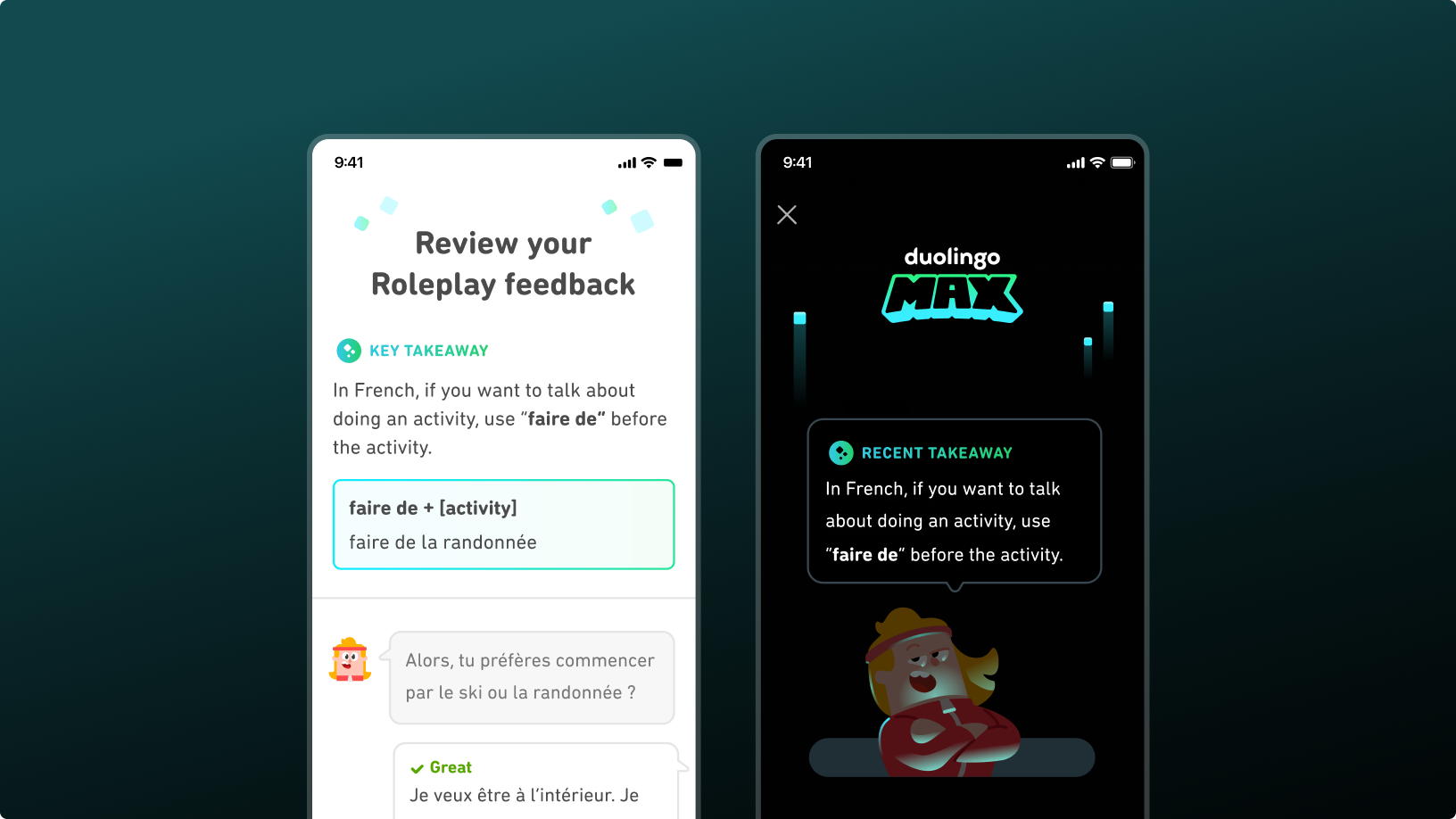 Two Duolingo MAX screens summarising takeaways from a French Roleplay conversation.